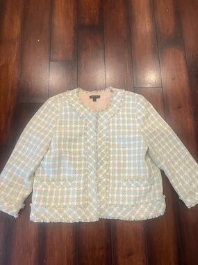 Ann Taylor Pastel Green & Cream Tweed Fringe Jacket